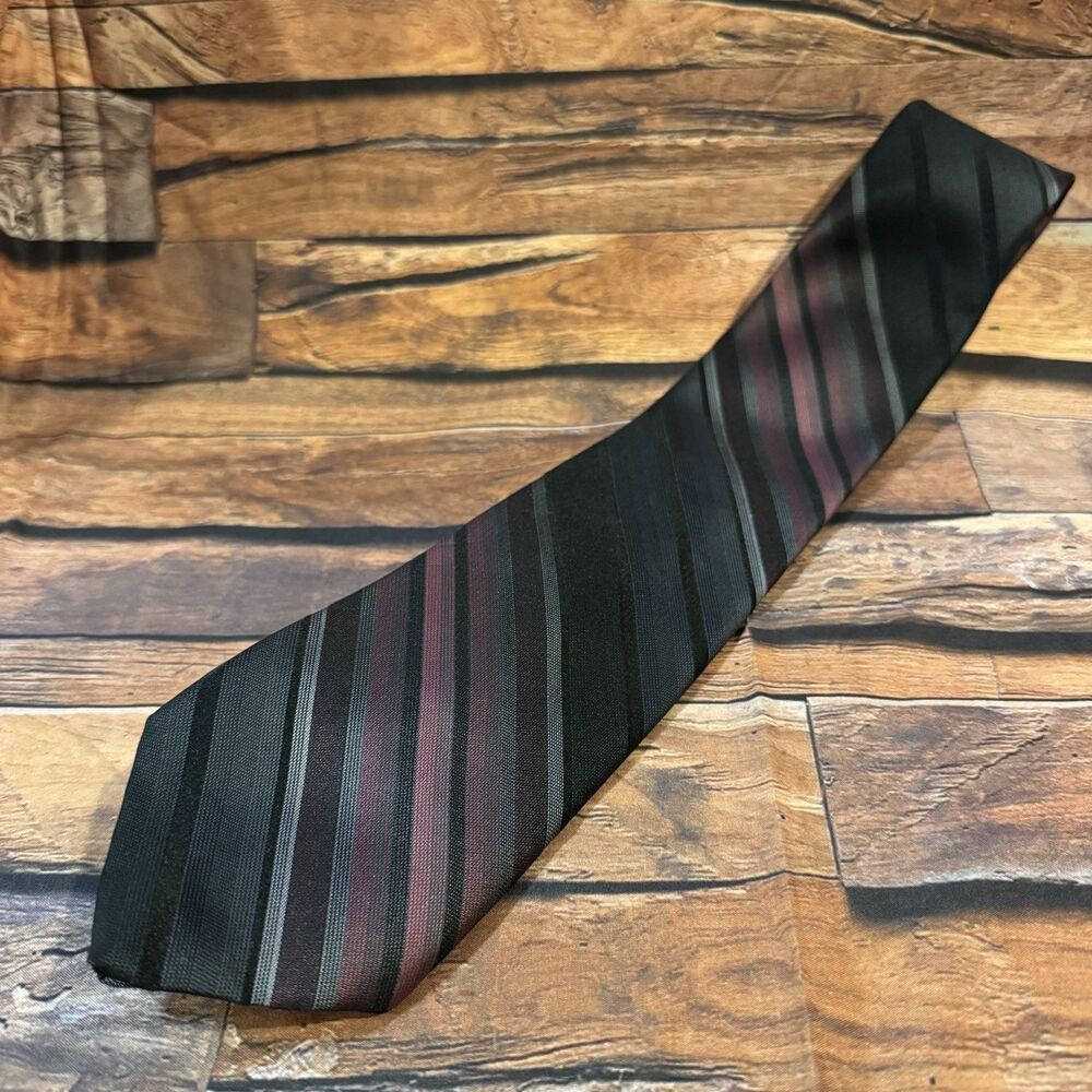 Schreter Men's Black Gray Burgundy Striped Tie Silk Blend Formal Vintage